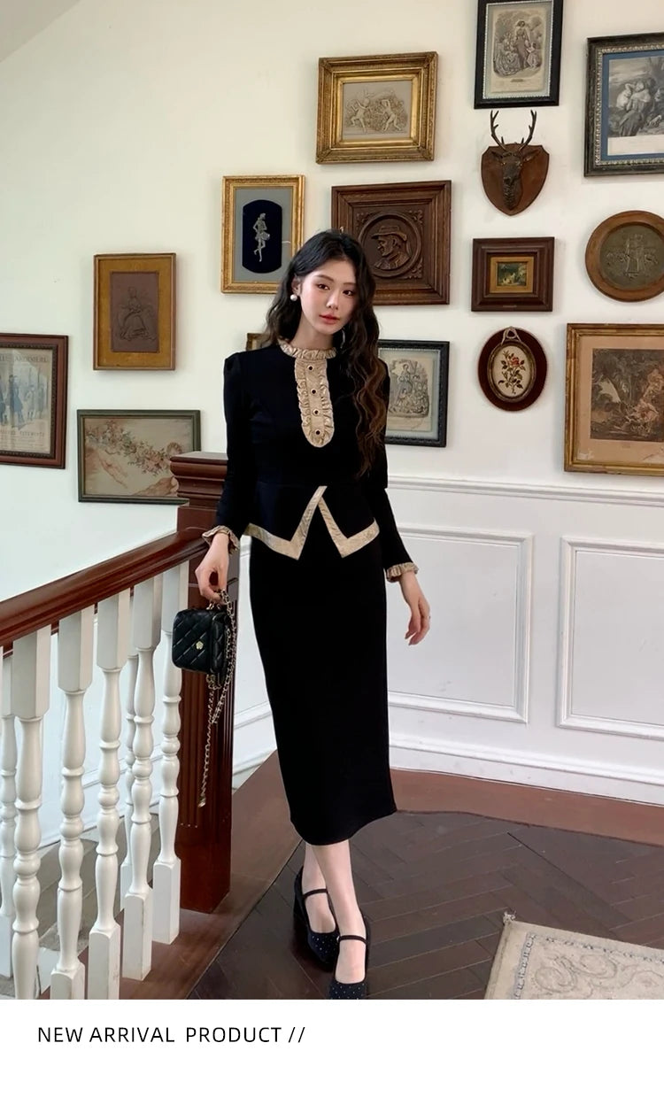 Women Clothes Black Vintage Outfits Elegant Ruffle O-Neck Tops Shirt Blouse And High Waist Midi Skirt Mujer 2 Pieces Set Formal