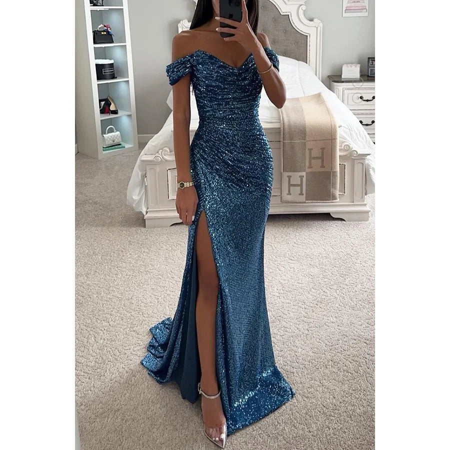 Women's Sexy Party Maxi Dress New Sequined One-line Collar Slit Dress Casual Fashion Prom Eveging Dresses For Women Robe Femme