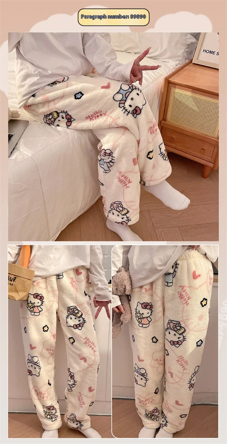 HelloKitty Warm Coral Velvet Sleepers Women's Flannel and Velvet Thick Pants Sleepwear Plush Large Home Pants
