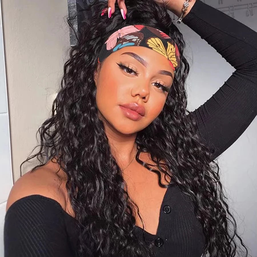 Headband Wig Water Wave Human Hair Wigs With Pre-attached Headband Glueless 180% Density Malasysian Human Hair Wig 18-32inch
