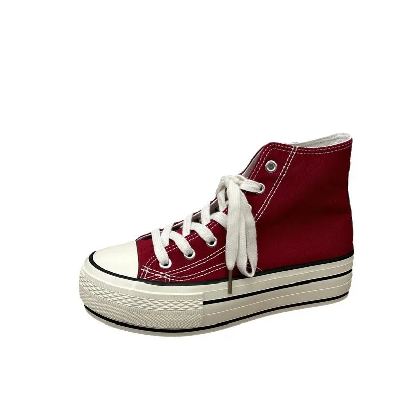 2024 New Style Korean Versatilewine Red High Top Shiny Canva Women's Shoes With Thick Sole 4CM Low Top Sneaker H-1