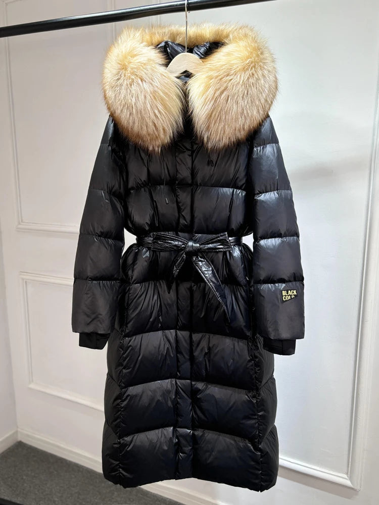 Janveny X-long Shiny Puffer Jacket Women Hooded Winter Thick Goose Down Coat Belt Large Natural Fox Fur Female Parkas Waterproof