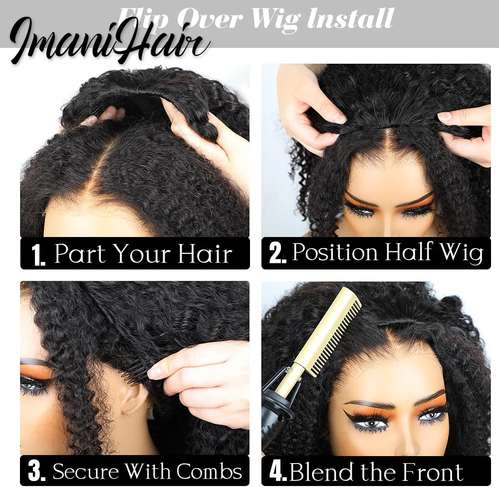 Kinky Curly Half Wig Human Hair Wear And Go Glueless Wigs Curly 3 In1 Wigs for Women Drawstring Seamless Flip Over Glueless Wigs