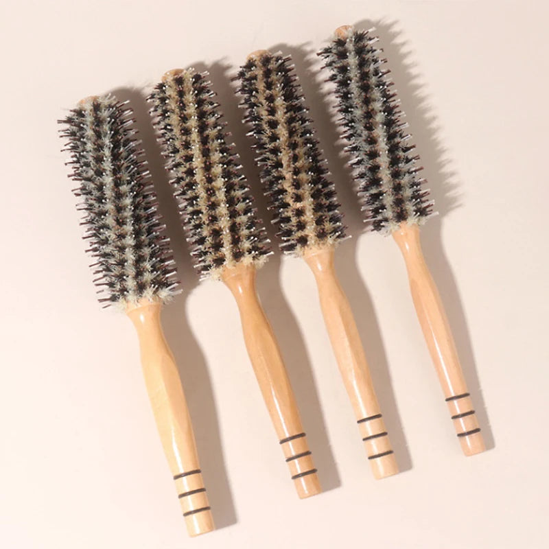 Natural Boar Bristle Roller Brush Barber Hair Roller Wood Hair Brush Round Barrel Hair Comb For Women Curly Hair Hairdressing