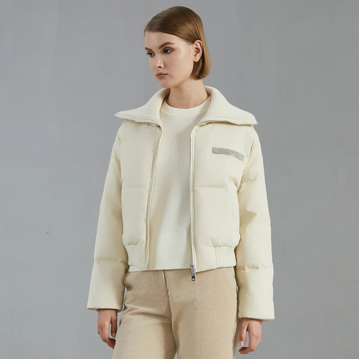 BC835 White goose down with large lapel warm zipper long-sleeved down jacket 100 cashmere warm coat