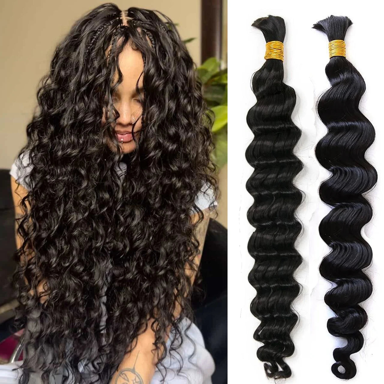 100g Human Hair Bulk for Braiding 16-26 inch Loose Deep Wave Natural Black Indian Remy Boho Braids Hair Bulk Extension Bobbi