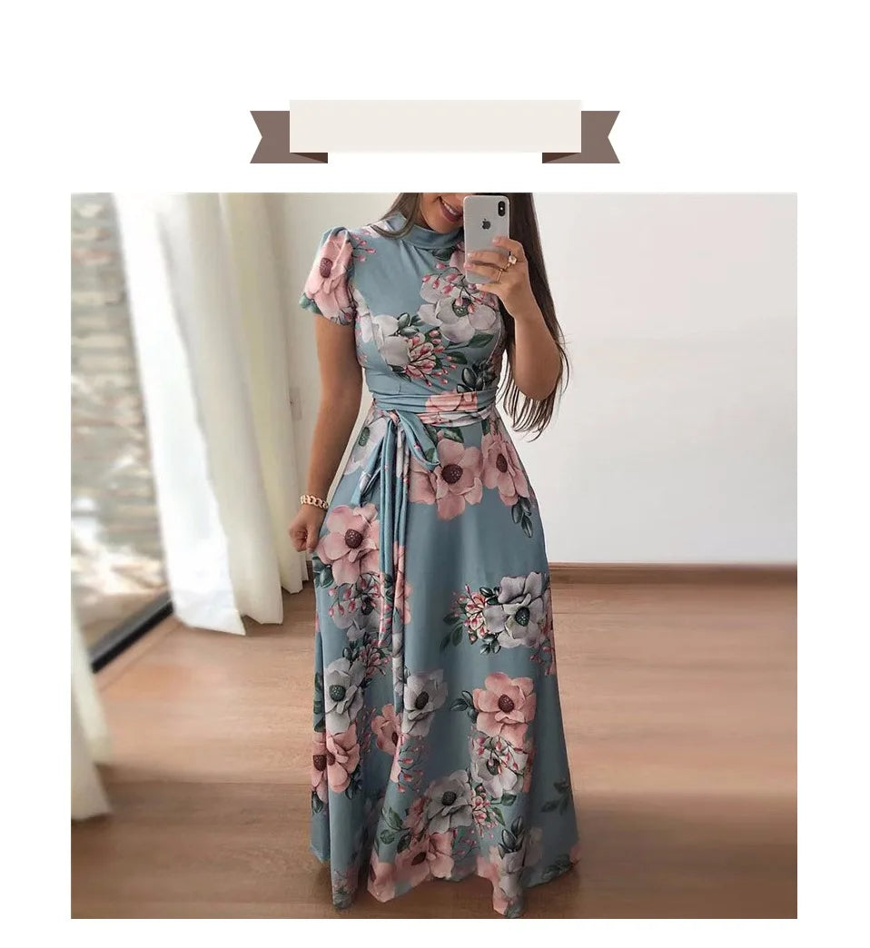 Women Summer Maxi Dress 2025 Casual Long Sleeve Boho Floral Print LOOSE Dress Turtleneck Bandage Elegant Party Dresses Vestidos