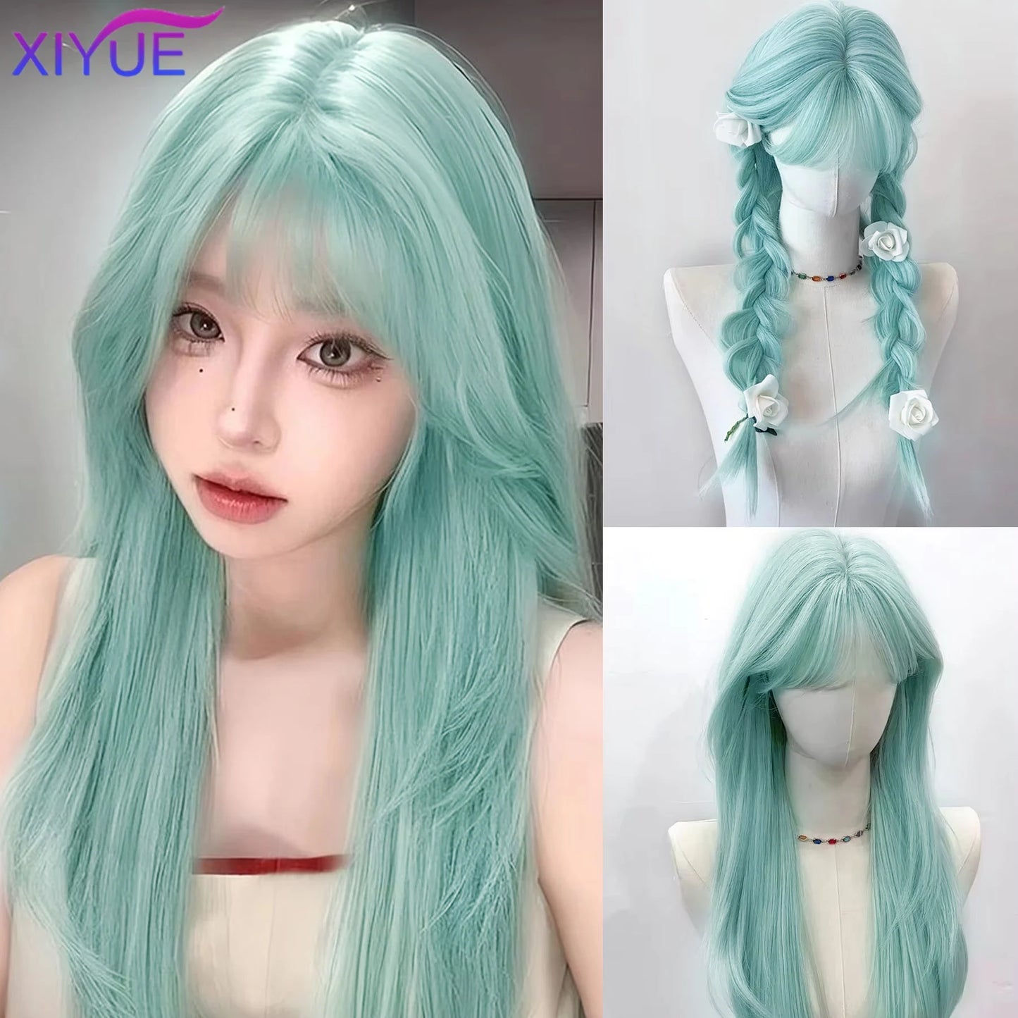 XIYUE Long Straight Black Wig With Bang Synthetic Wigs for Women Heat Resistant Natural Hair for Daily Halloween Cosplay Party