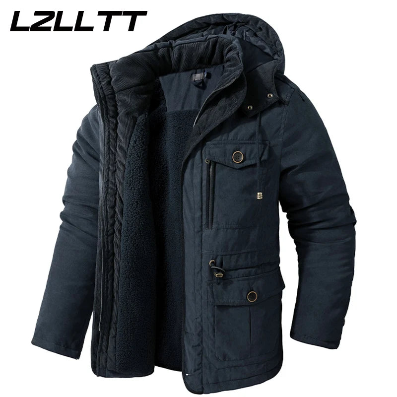 LZLLTT Men Winter Warm Parkas Mens Fleece  Jacket Parkas Men Casual Cotton Outdoor Fur Trench Padded Jackets Coats