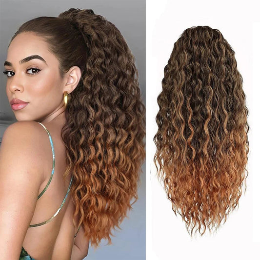 Curly Ponytail Extension Synthetic Drawstring Ponytail for Women 16Inch Long Curly Wavy Clip in Hairpiece for Daily Party