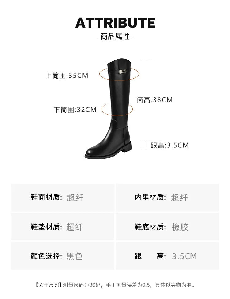 Genuine Leather Thick-Soled Autumn Winter New Style Chunky Heel Rhinestone Buckle High Tube Riding Over-The-Knee Long Boots