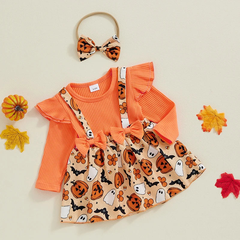 Newborn Baby Girl Halloween Clothes Outfit Pumpkin Ghost Print Long Sleeve Crew Neck Patchwork Romper Dress with Headband