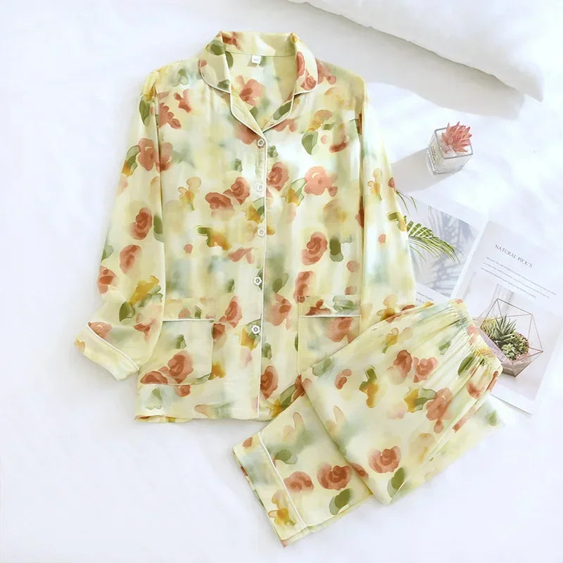 New Spring And Summer Ladies Pajamas Two-piece Viscose Long-sleeved Trousers Big Flower Cardigan Comfortable Home Service Set