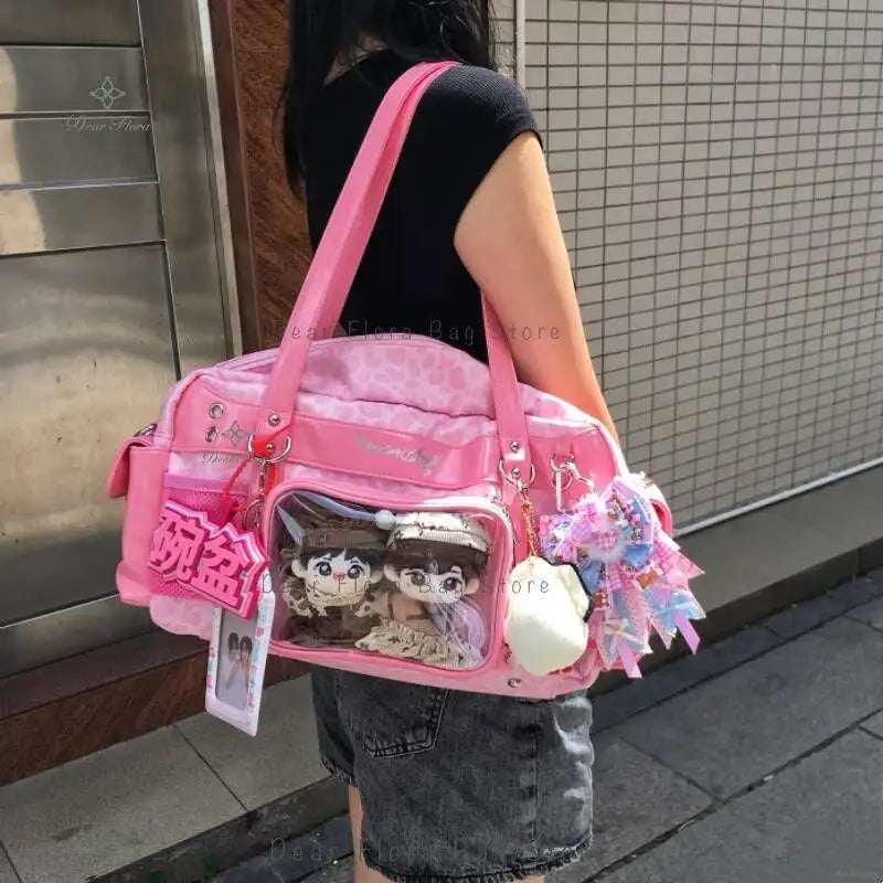 New Y2k Leopard Ita Shoulder Bag Lolita Girls Transparent Tote Bag Womens Large Capacity Crossbody Bag Cute DIY Display Handbags