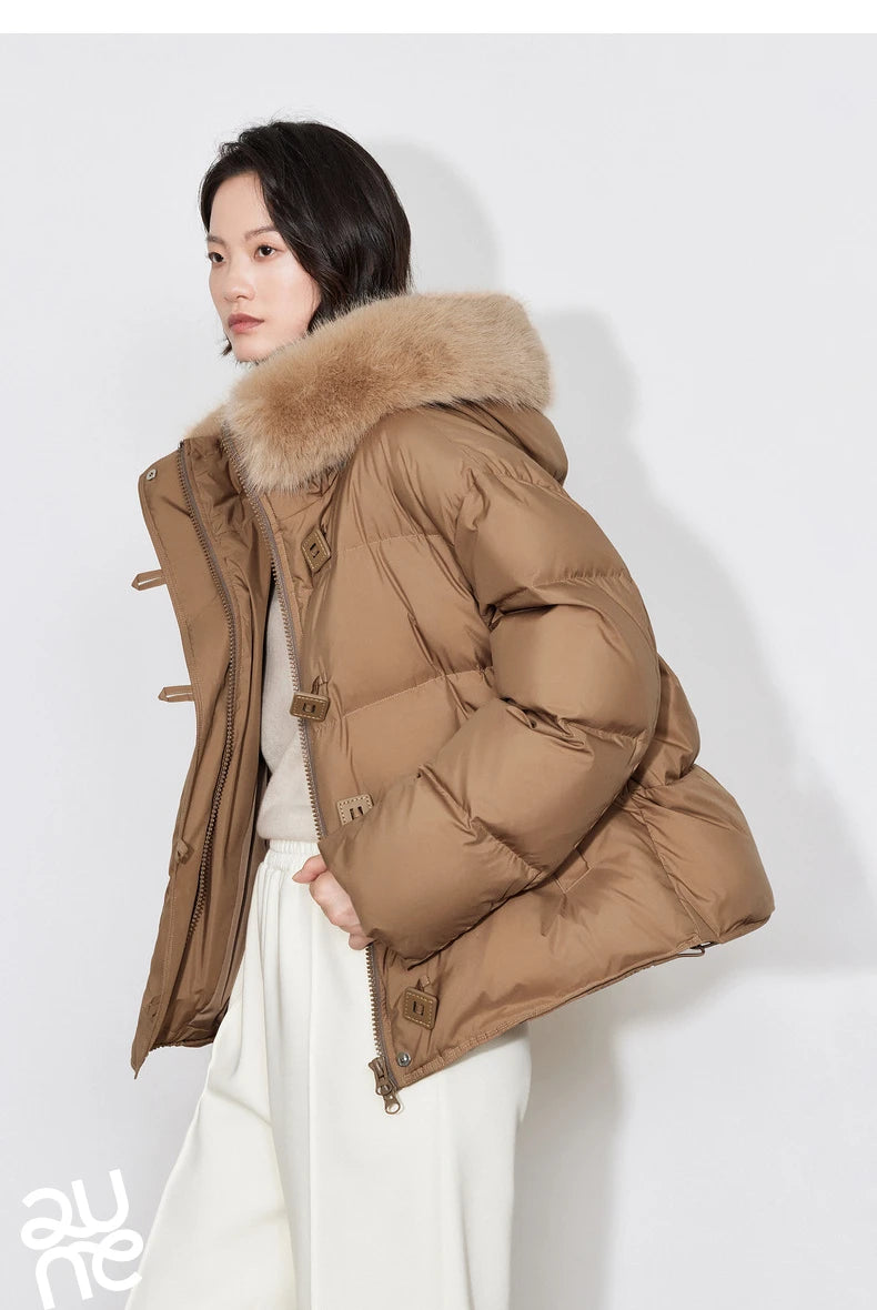 TOYOUTH Women Down Jacket 2024 Winter New 90% White Duck Down Fur Collar Hooded Warm Jacket Coat