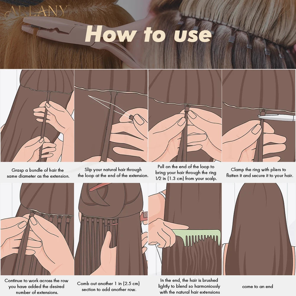 ARLANY 1000Pcs Micro Rings Links Beads Weft Extension Kit With Nylon Bonded Sewing Thread For Sew-In Weft Hair Extension