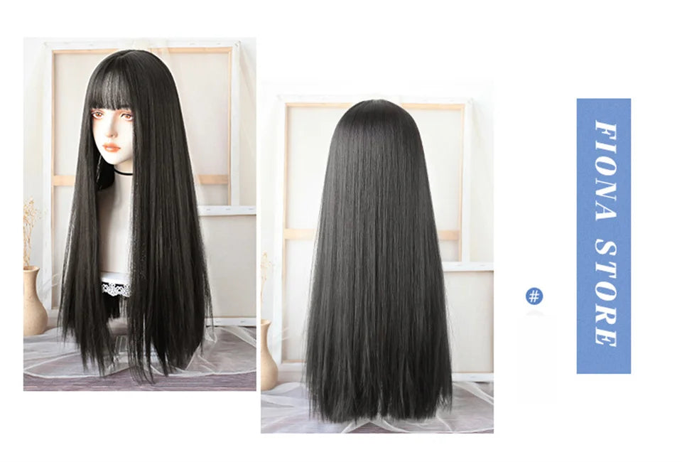 XIYUE Long Straight Black Wig With Bang Synthetic Wigs for Women Heat Resistant Natural Hair for Daily Halloween Cosplay Party