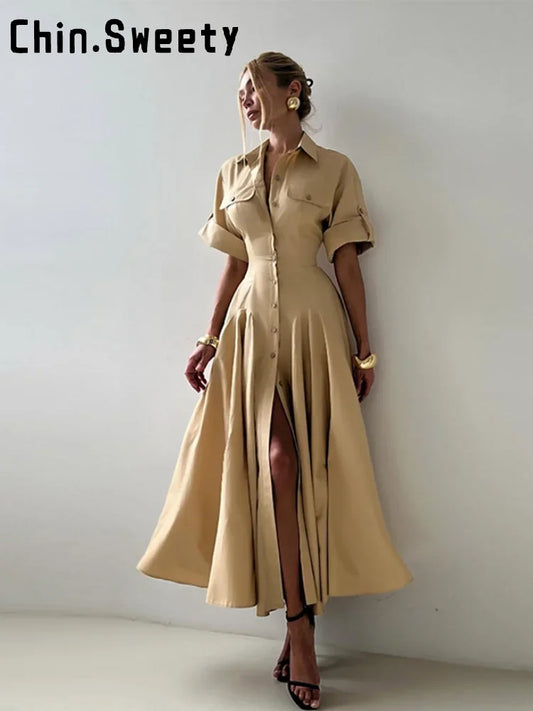 Elegant Single Breasted Khaki Long Dress Women Lapel Short Sleeve Pleat Slim Waist A-line Dresses 2025 Summer Autumn Lady Robes