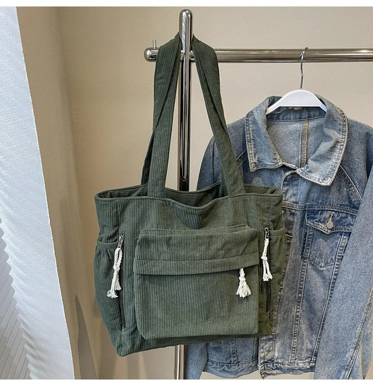 Multi-pocket Women's Bag Corduroy Shoulder Bag Large Capacity Simple Handbag For Female Shopping Bag