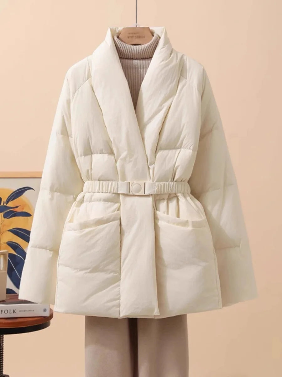 Schinteon Women White Duck Down Jacket Casual Loose Belt V-neck Collar Fashion Autumn Winter Outwear Korean Style Coat 2025 New