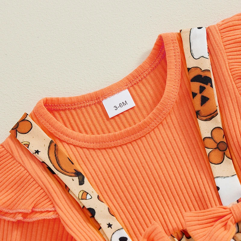 Newborn Baby Girl Halloween Clothes Outfit Pumpkin Ghost Print Long Sleeve Crew Neck Patchwork Romper Dress with Headband