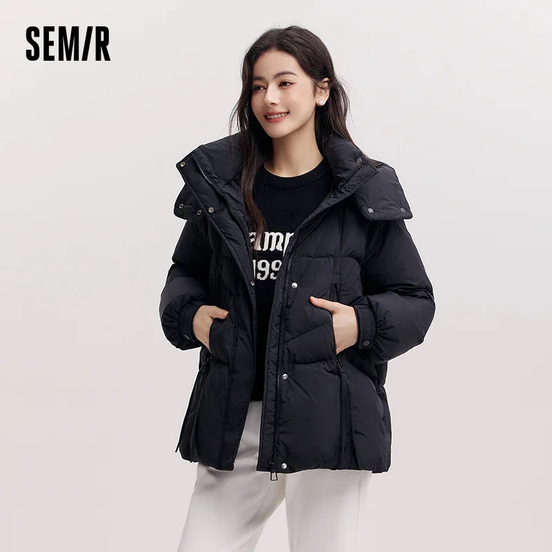 Semir Mid-Length Down Jacket Women Loose Fit Hooded Textured Coat 2025 New Winter Casual Warm Style