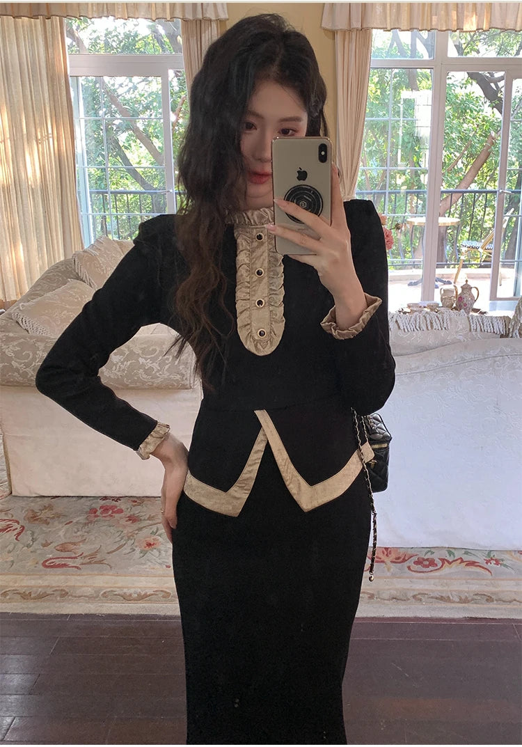 Women Clothes Black Vintage Outfits Elegant Ruffle O-Neck Tops Shirt Blouse And High Waist Midi Skirt Mujer 2 Pieces Set Formal