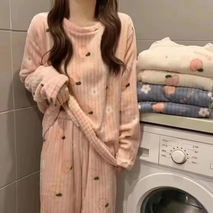 2022 Autumn Winter Warm Flannel Women Pyjamas Sets Thick Coral Velvet Long Sleeve Cartoon Sleepwear Thin Flannel Pajamas Set