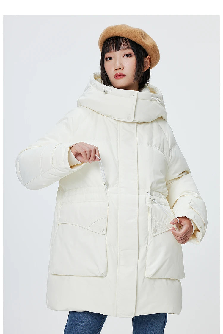Metersbonwe Women's  Oversized Long Hooded Down Jacket Adjustable Pig Nose Buckle Waist Belt Utility Duck Down Parka Warm Winter