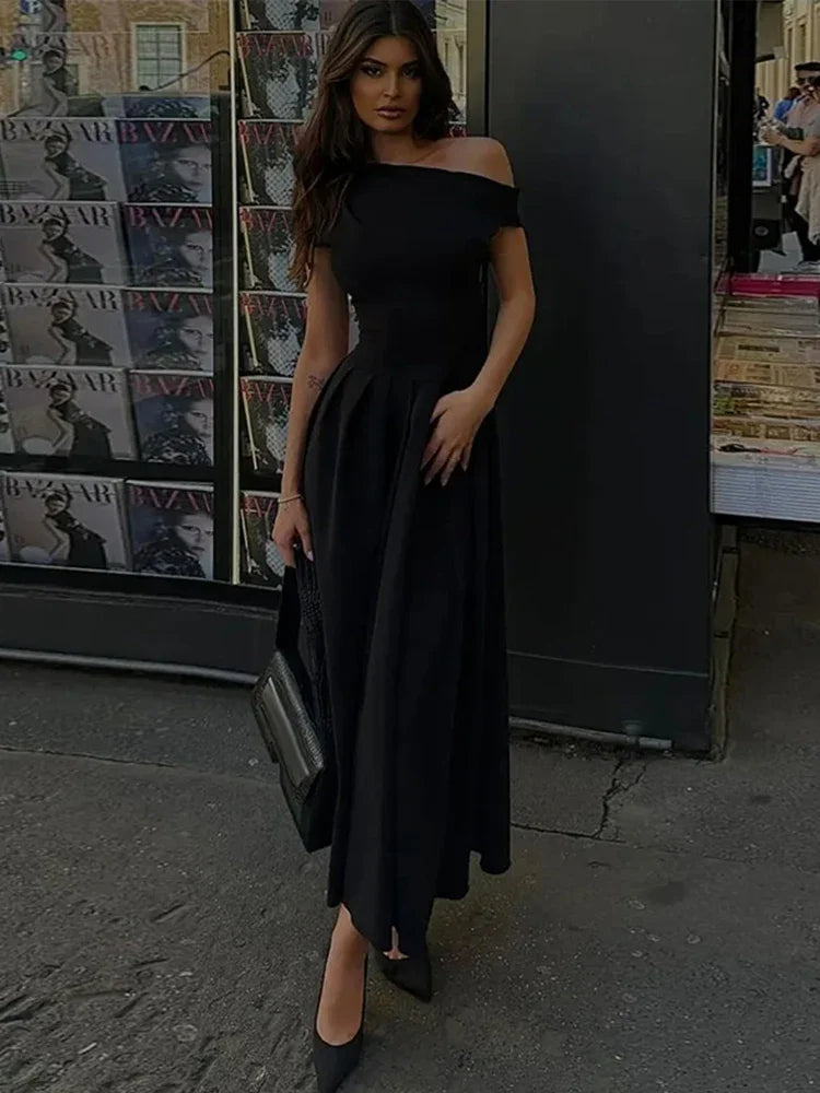 Summer Lady Patchwork Pleated Maxi Dress Chic Elegant Black Half-turtleneck Short Sleeve High Waist Dresses Office Street Robes