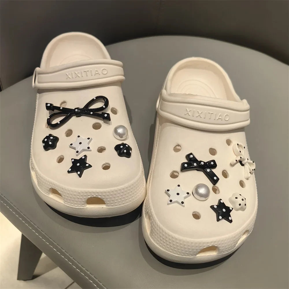 New 1Set Black White Dot Shoe Charms Set DIY Bow Star Pearl Shoe Decorations Silver Advanced Detachable Buckle Shoes Accessories