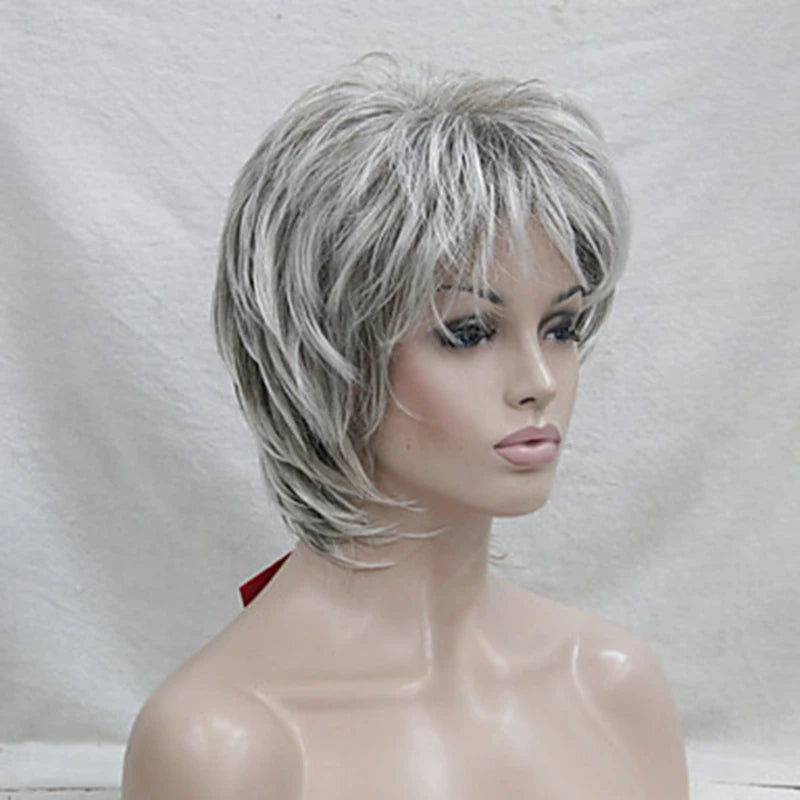 HAIRJOY Synthetic Hair Wig Curly  Pixie Cut  Layered Haircut  With Bangs  Highlighted  Balayage  Gray Wig