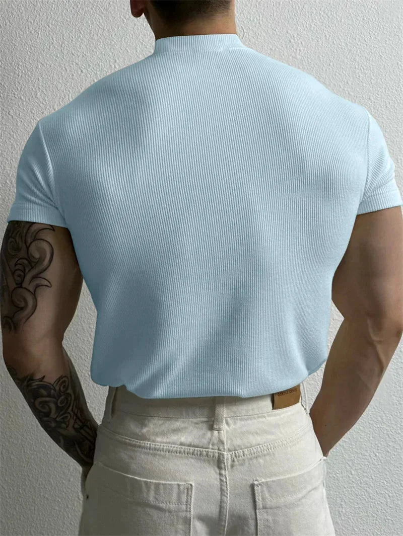 spring summer Elastic Comfortable Men's T-shirt Small high collar stripe shirt short sleeve fitness tops sports casual T-shirt