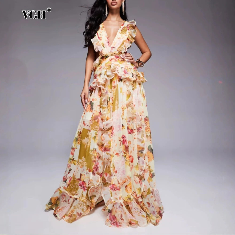VGH Runway Style Maxi Dresses for Women V Neck Sleeveless High Waist Patchwork Ruffles Edge French Sexy Printed Dress Female New