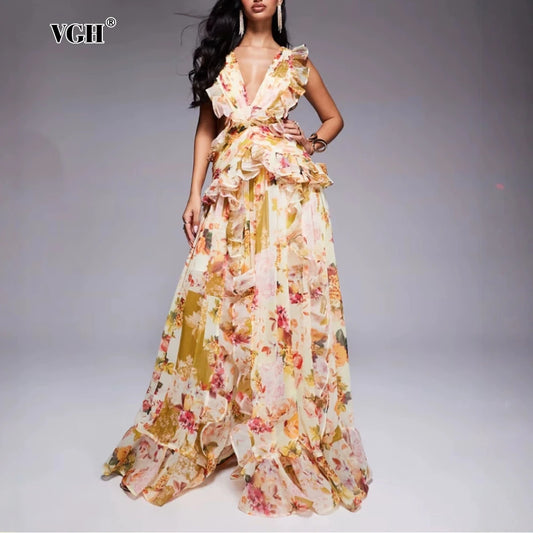 VGH Runway Style Maxi Dresses for Women V Neck Sleeveless High Waist Patchwork Ruffles Edge French Sexy Printed Dress Female New