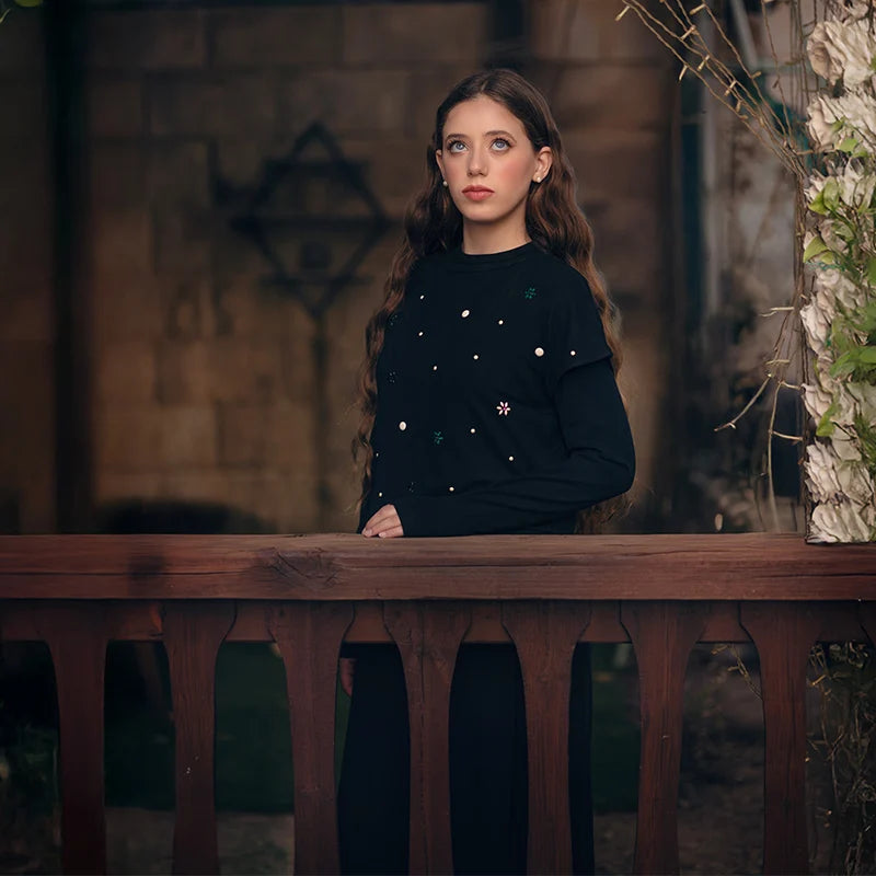 Maxi dress women long sleeve lady dresses flowers and pearls top causual dress round neck black modal ribbed top sizes XS-XXXL