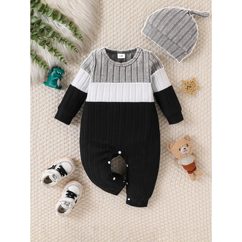 3 Colours Autumn Bodysuits Newborn Baby Boy Long Sleeve Colour Block Romper+Hat Simple Onesie Jumpsuit for Toddlers 1-18Months