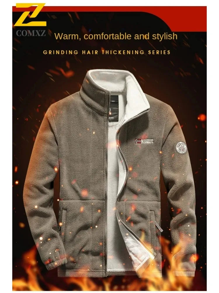 Winter Warm Fleece Jacket Men Climbing Double Thickened Pocket Jacket Outdoor High Collar Windproof Ski Sweatshirt Coat Man Snow
