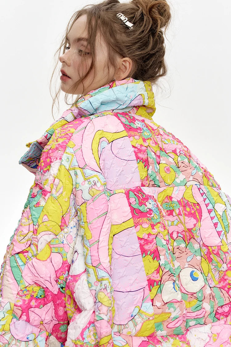 ELFSACK 2024 Winter New Arrivals Stand collar loose full printed short down jacket for women