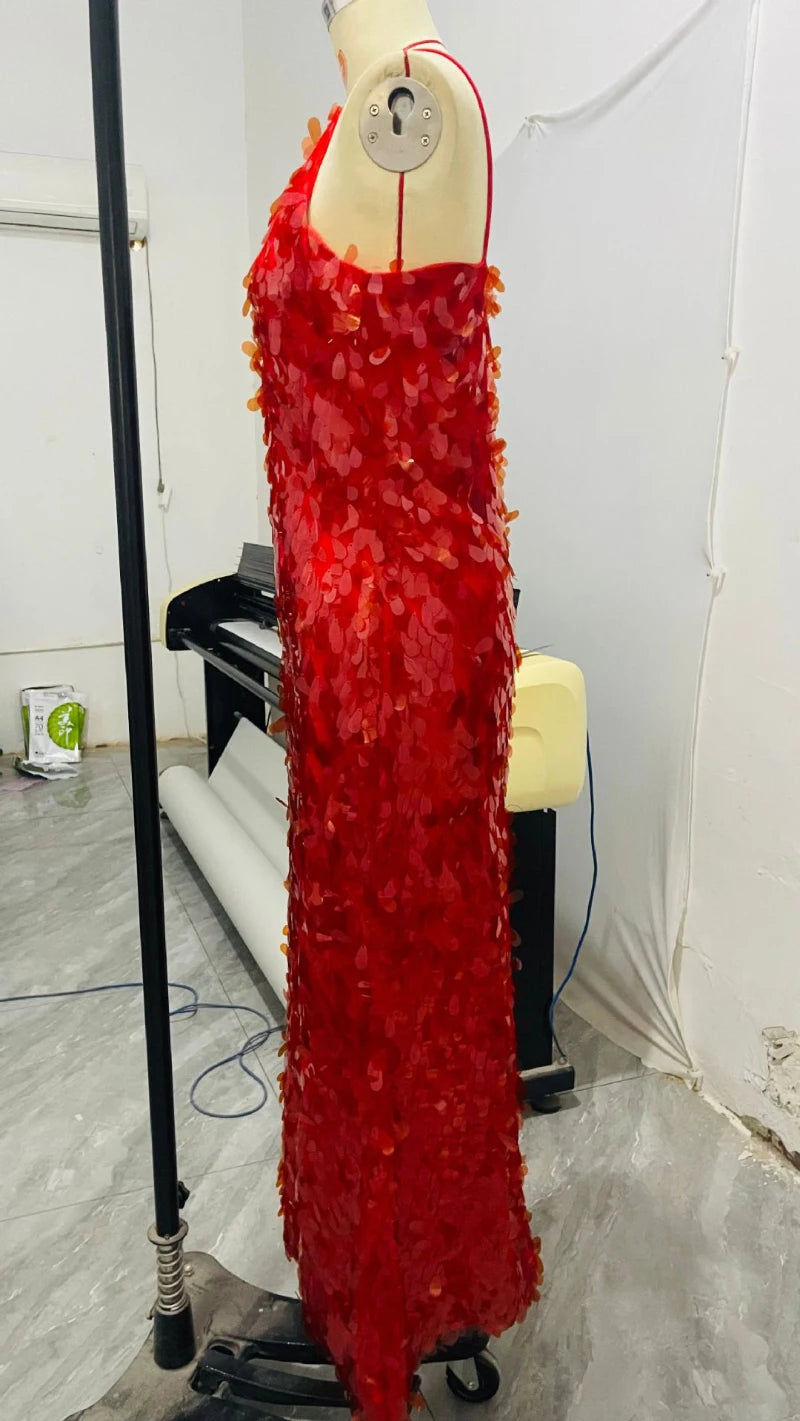 Sexy Women Maxi Dresses Elegant Sequins Sleeveless Female Long Dress Fashion  Solid Deep V Neck Ladies Party Robe Dress