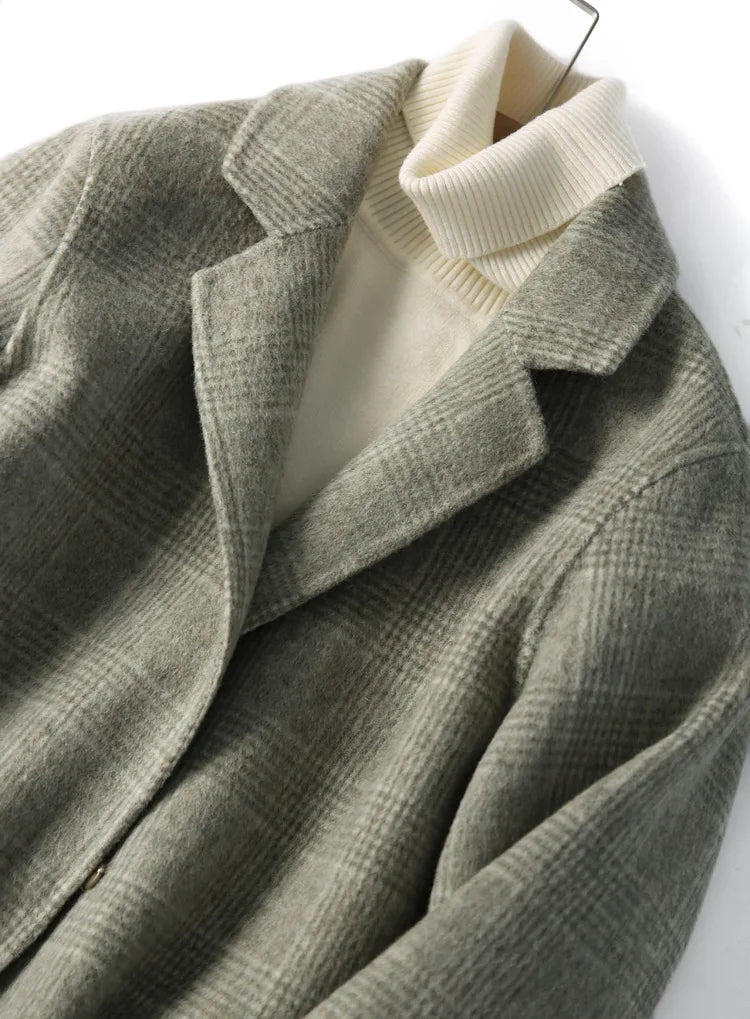 Handmade Sewn Double-sided Woolen Blazer Women Spring Autumn Plaid Wool Overcoat Office Lady Casual Suit Coat Thick Jacket