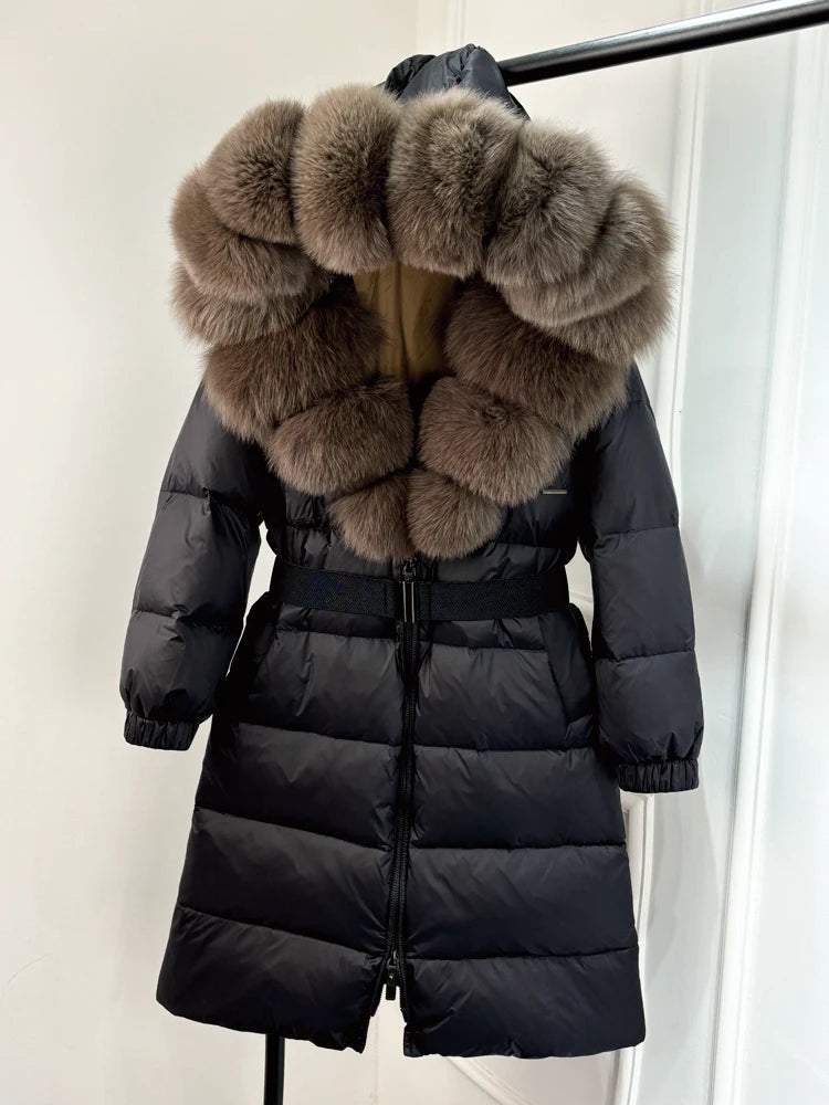 Lagabogy 2025 Winter Puffer Jacket Women Real Fox Fur Hooded Collar Thick Warm Long White Duck Down Coat Loose Luxury Outerwear