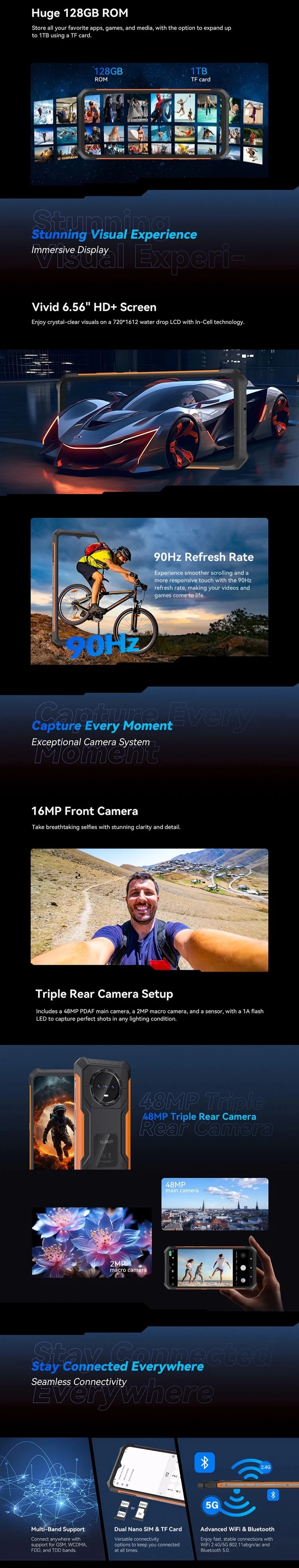 Cubot KingKong ES Ultra-thin Rugged Android Smartphone, 16GB RAM(6GB+10GB), 128GB ROM, 6.56" 90Hz Screen, 48MP Camera, 4G Phone