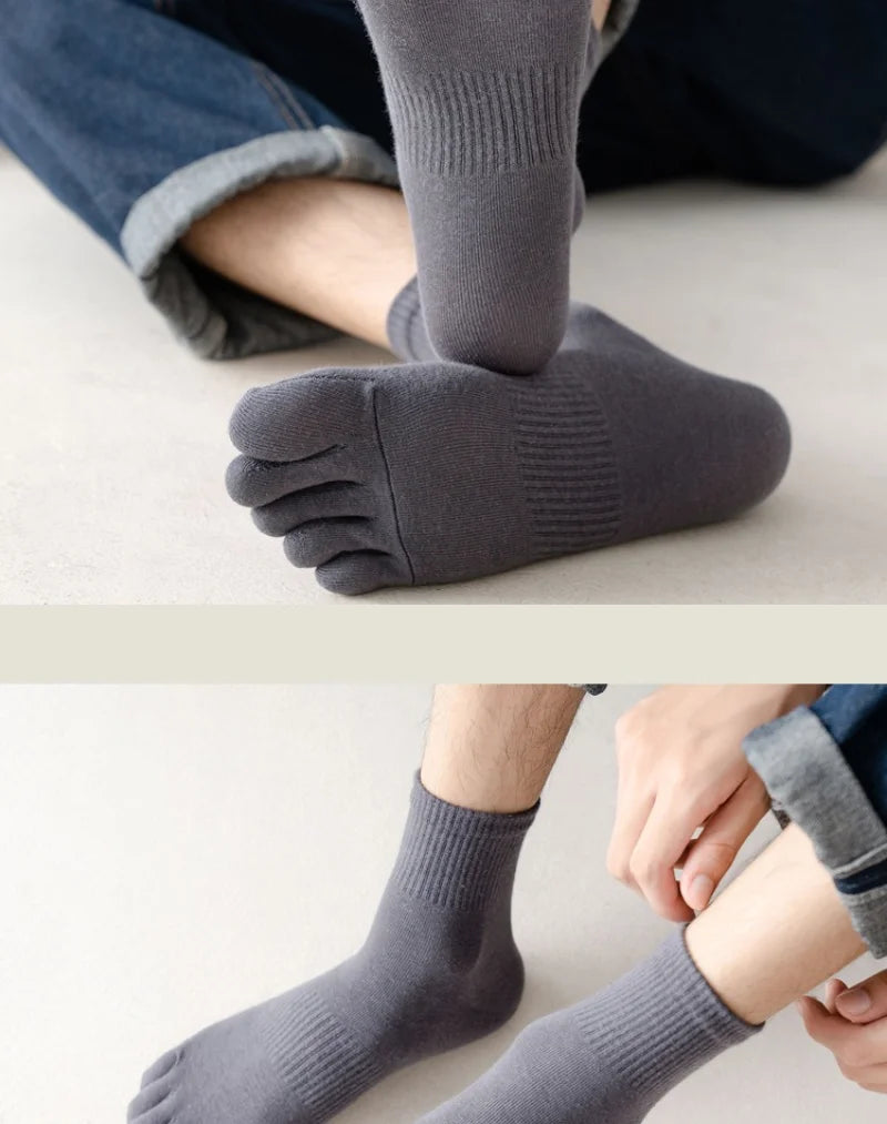 Men's Cotton 5 Toe Socks Mid Cuff Anti Odor Sweat Wicking Non Slip for Spring Autumn Casual Athletic Solid Color Daily Comfort
