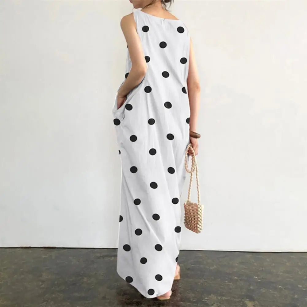 Loose Maxi Dress Summer Maxi Dress with Dot Print O Neck Big Pockets for Women Soft Ankle Length Beach