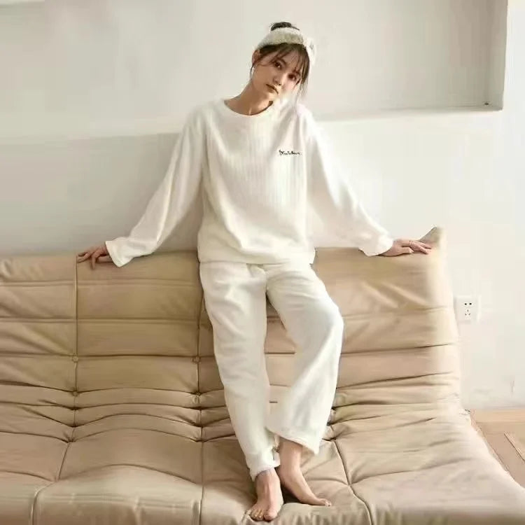 2022 Autumn Winter Warm Flannel Women Pyjamas Sets Thick Coral Velvet Long Sleeve Cartoon Sleepwear Thin Flannel Pajamas Set