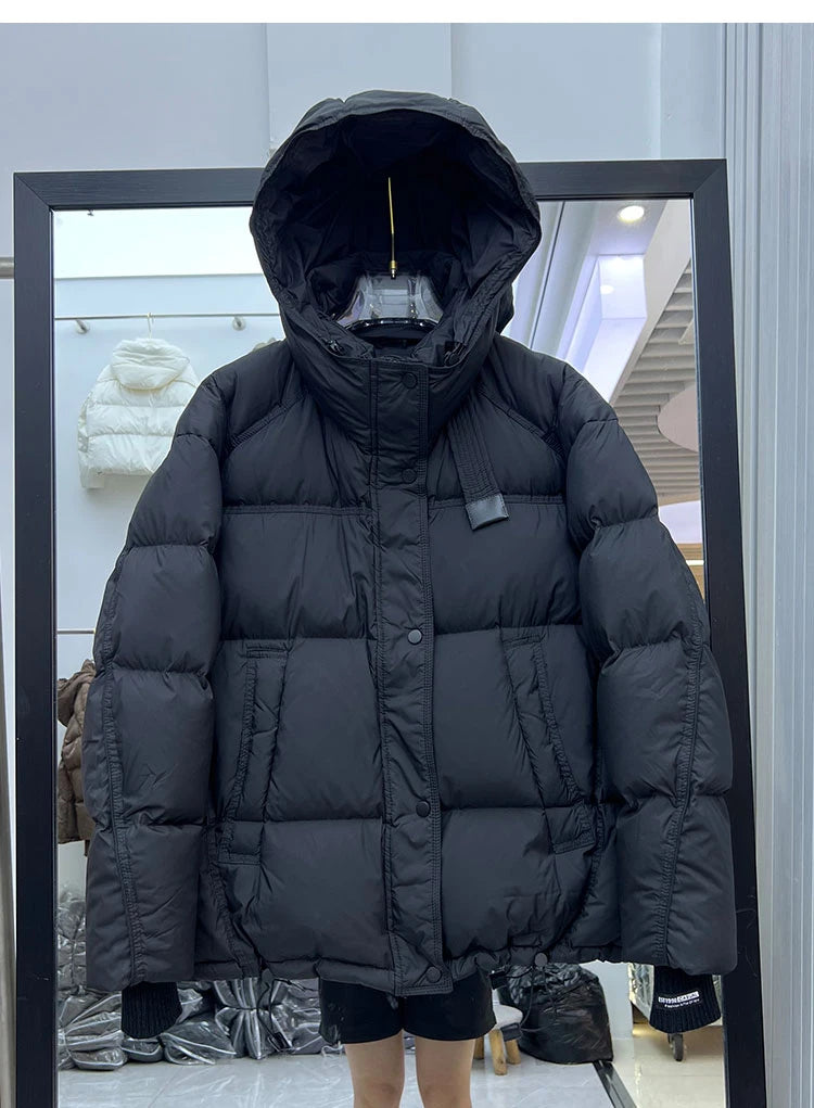 Schinteon Women White Duck Down Jacket with Hood Autumn Winter Warm Outwear Korean Style Over Size Loose Solid Color Coat 2025