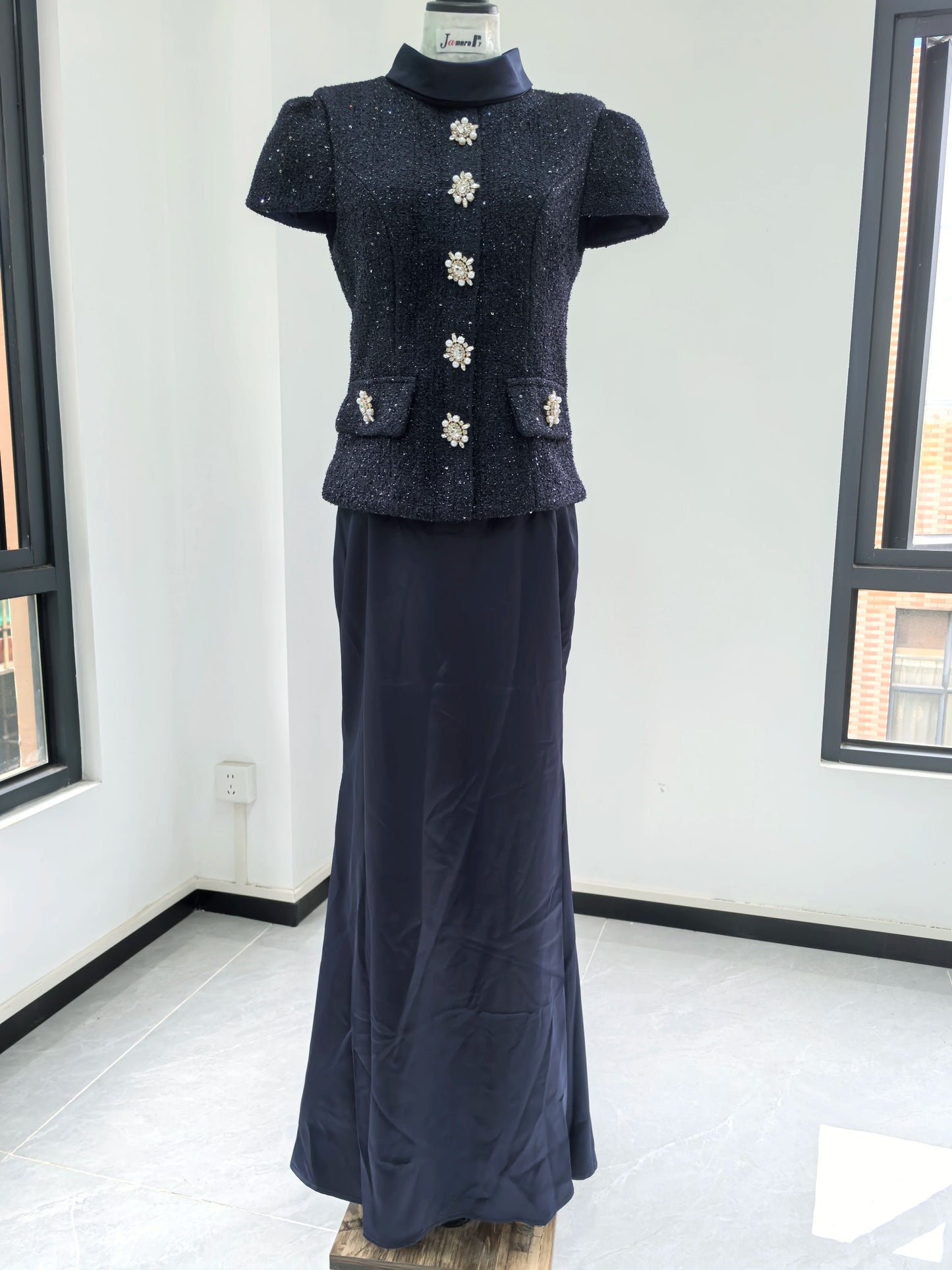 Maxi Formal Luxury Evening Dresses Women Summer Autumn Single Breasted Crystal Satin Tweed Long Dress Blue Party Dinner Vestidos