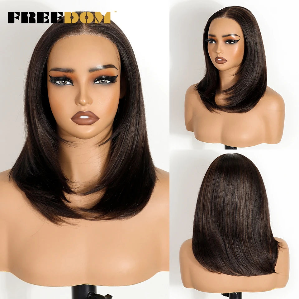 FREEDOM Synthetic Lace Front Wigs For Women Short Bob Layered Straight Wig 6x4 Wear And Go Glueless Wigs Ombre Brown Lace Wig