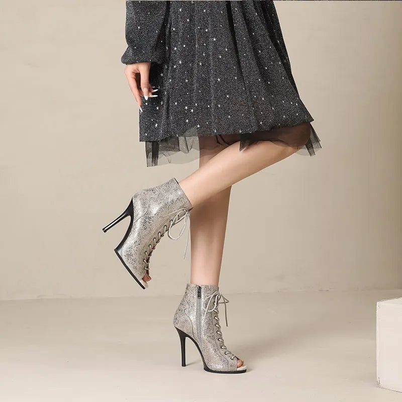 2025 Peep Toe Boots Lace up Female Shoes platform For Latin Dancing Street Sexy Stilettos Booties Plus Size 35-42
